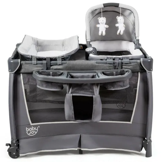 4-in-1 Convertible Portable Baby Play yard with Toys and Music Player-Gray