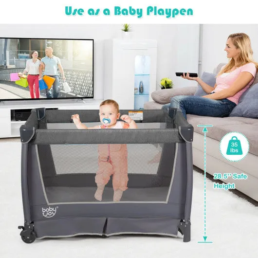 4-in-1 Convertible Portable Baby Play yard with Toys and Music Player-Gray