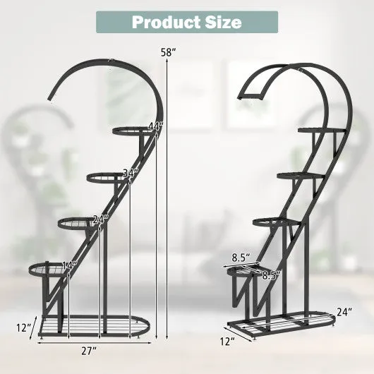 5 Tier Metal Plant Stand with Hanging Hook for Multiple Plants-Black