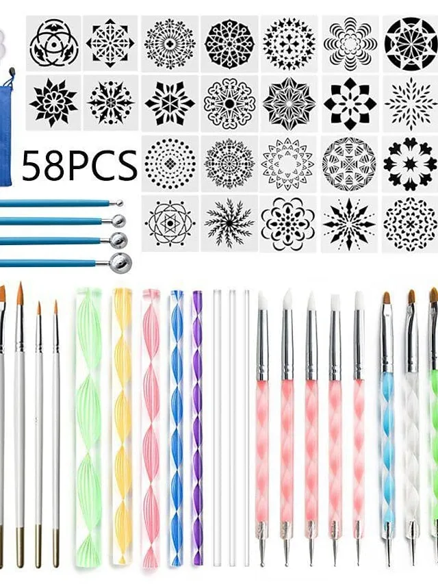 58PCS Mandala Dotting Tools Set with a Blue Zipper Waterproof Storage Bag for Painting Rocks