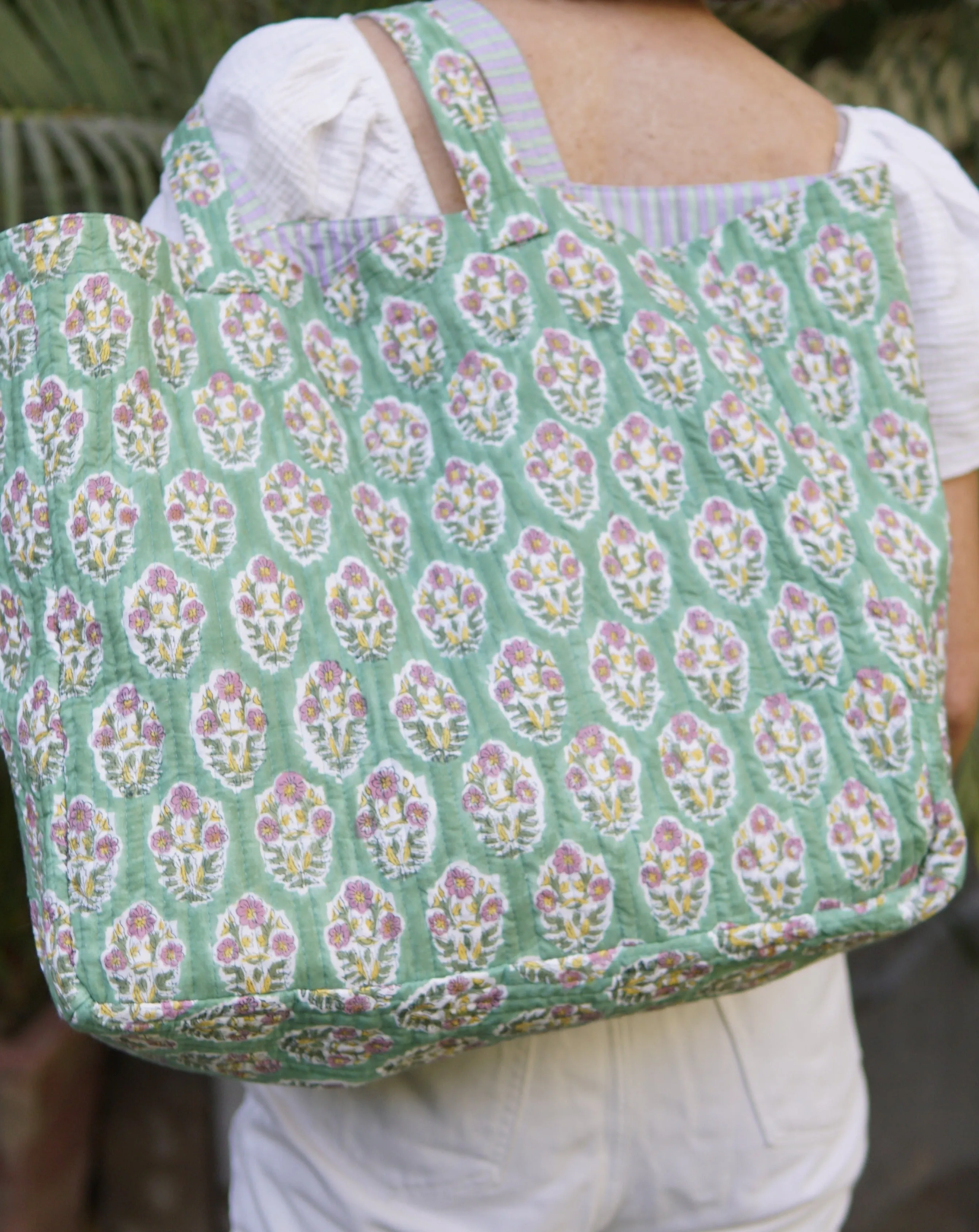 Beach Bag, XL cotton, block print and contrast lining with pocket.