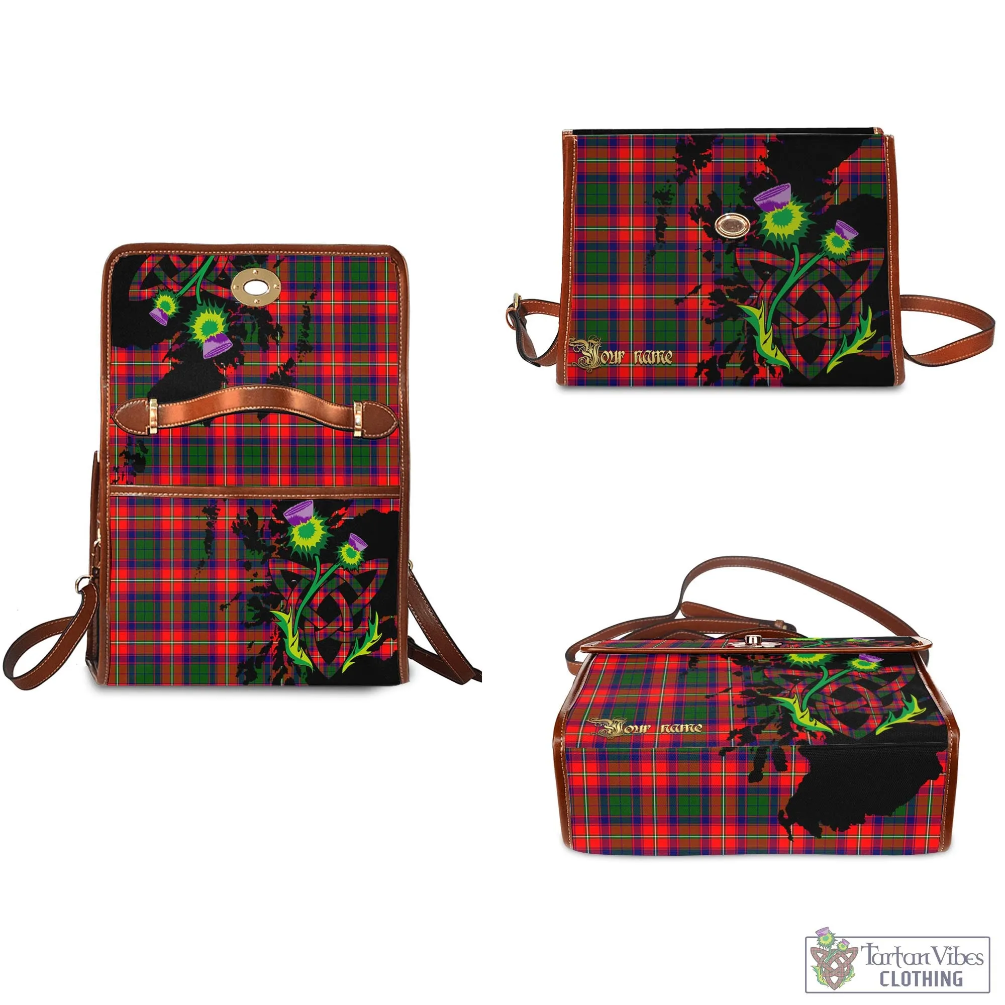 Belshes Tartan Waterproof Canvas Bag with Scotland Map and Thistle Celtic Accents