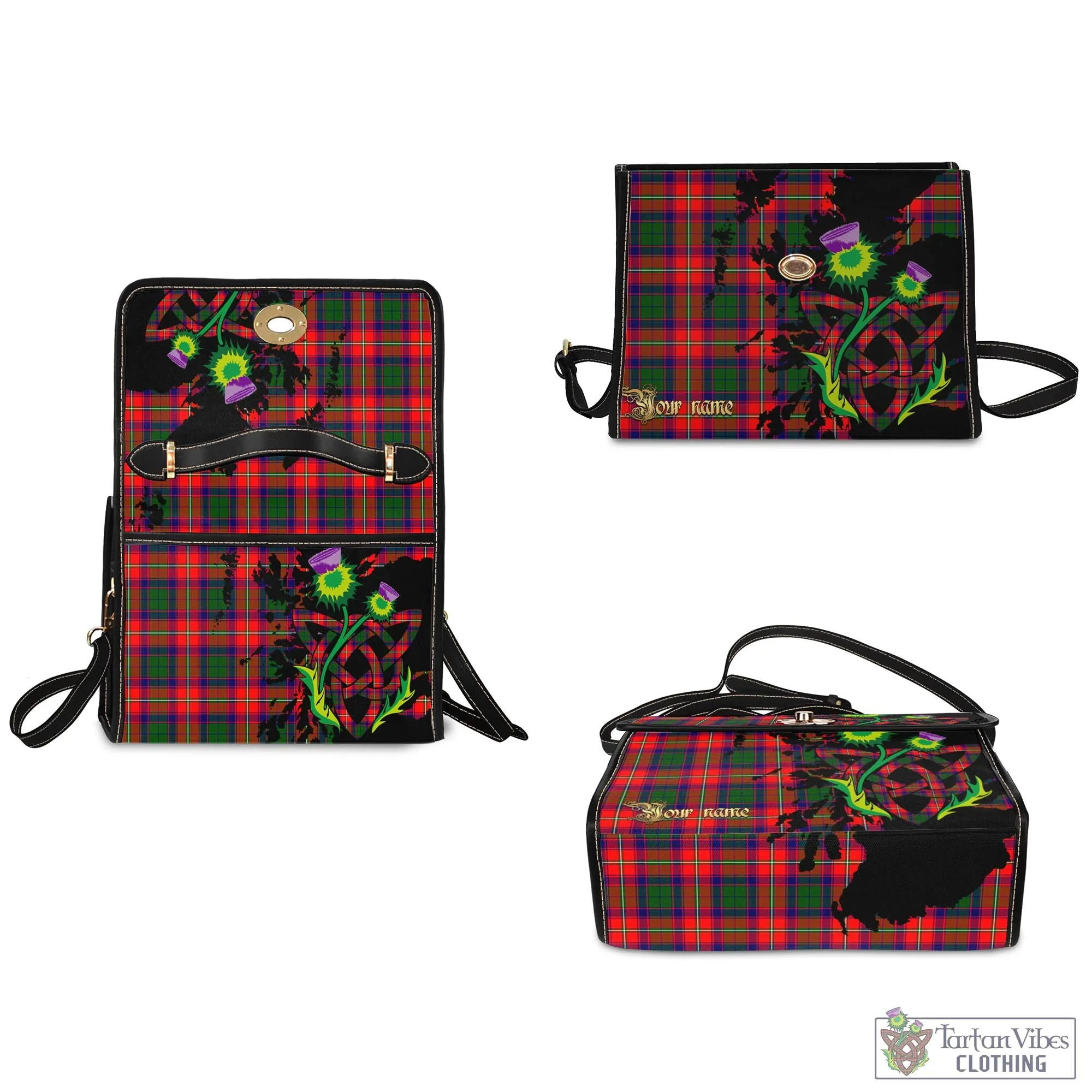 Belshes Tartan Waterproof Canvas Bag with Scotland Map and Thistle Celtic Accents