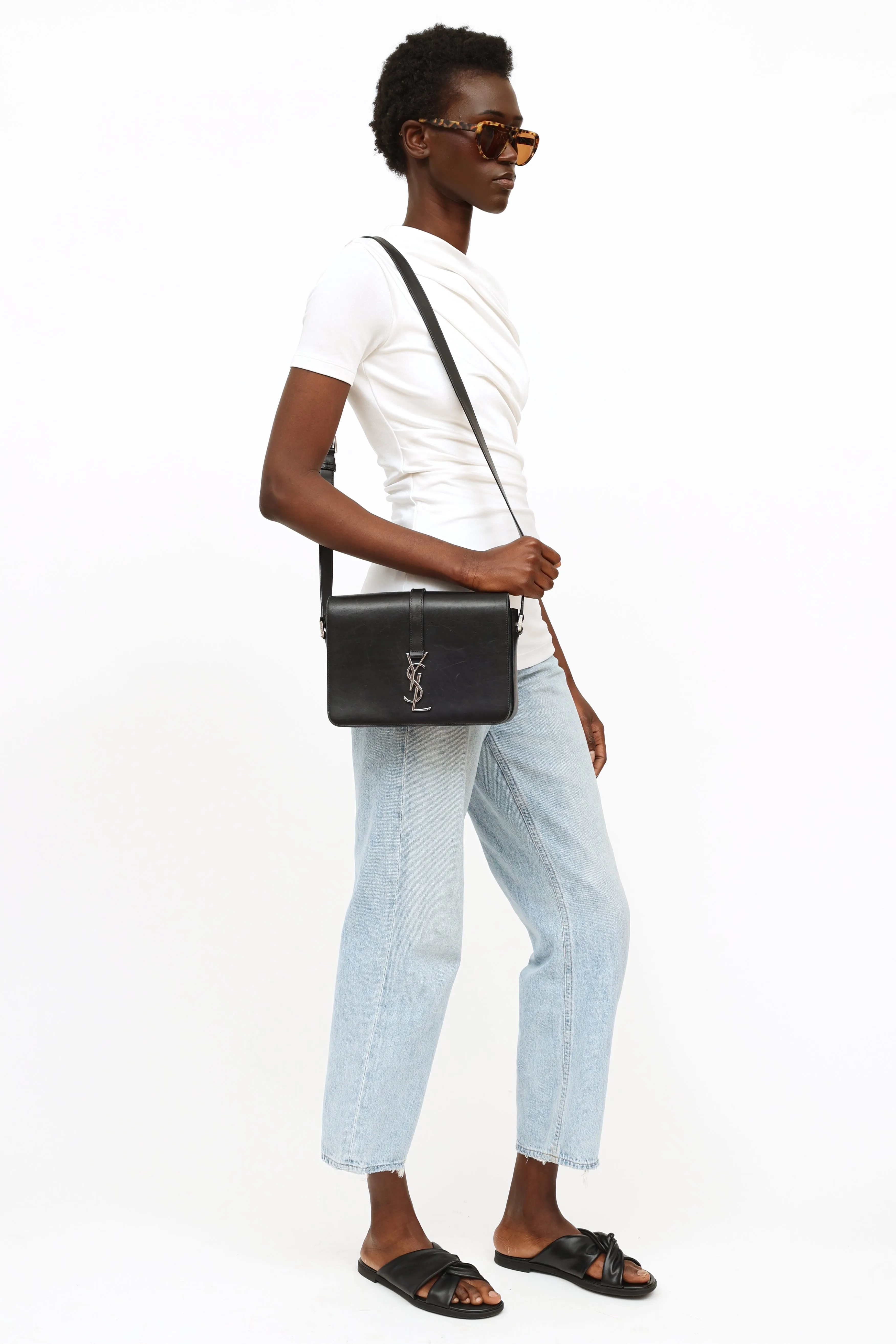 Black Leather Universite Flap Bag