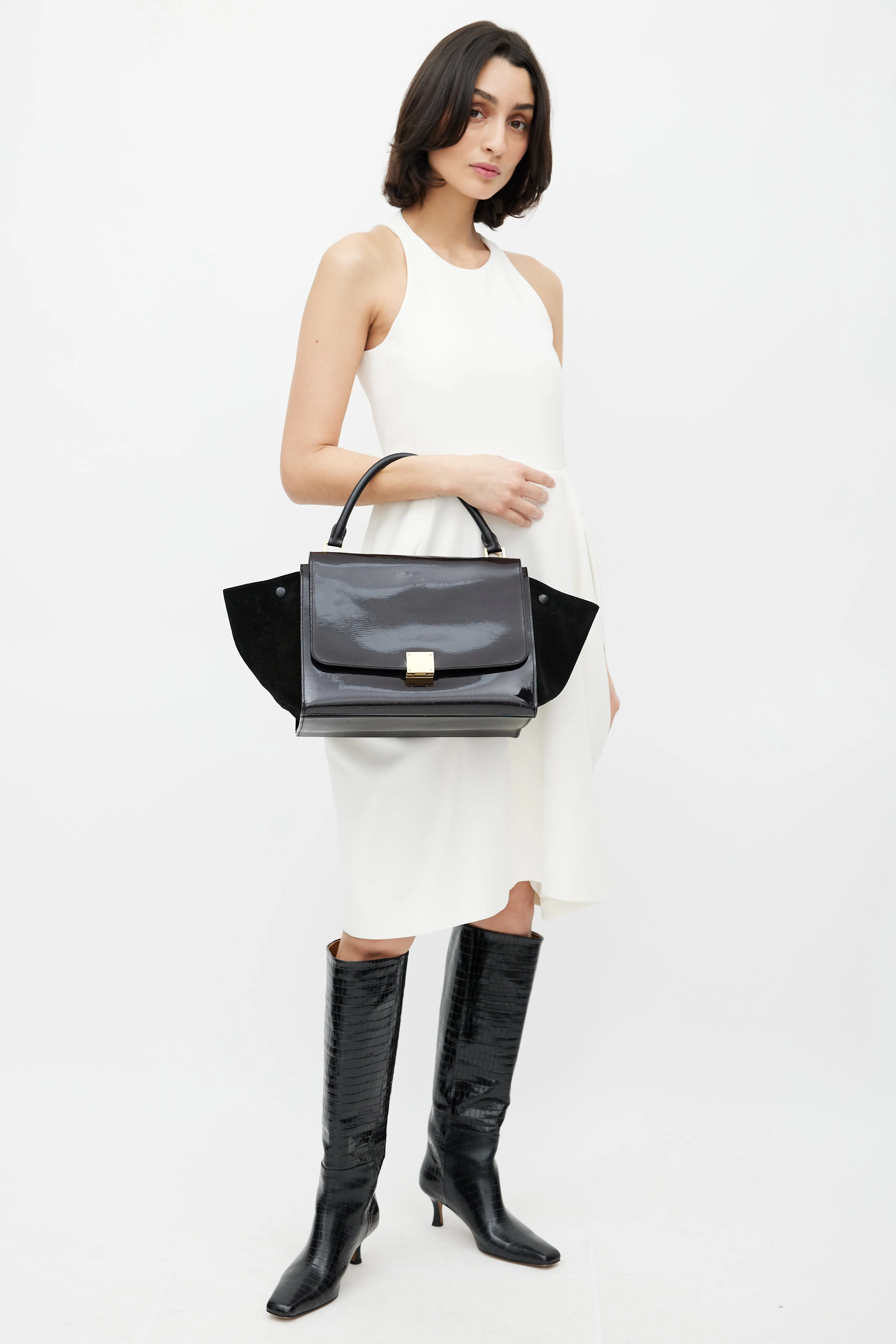 Black Patent & Suede Large Trapeze Shoulder Bag