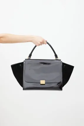 Black Patent & Suede Large Trapeze Shoulder Bag