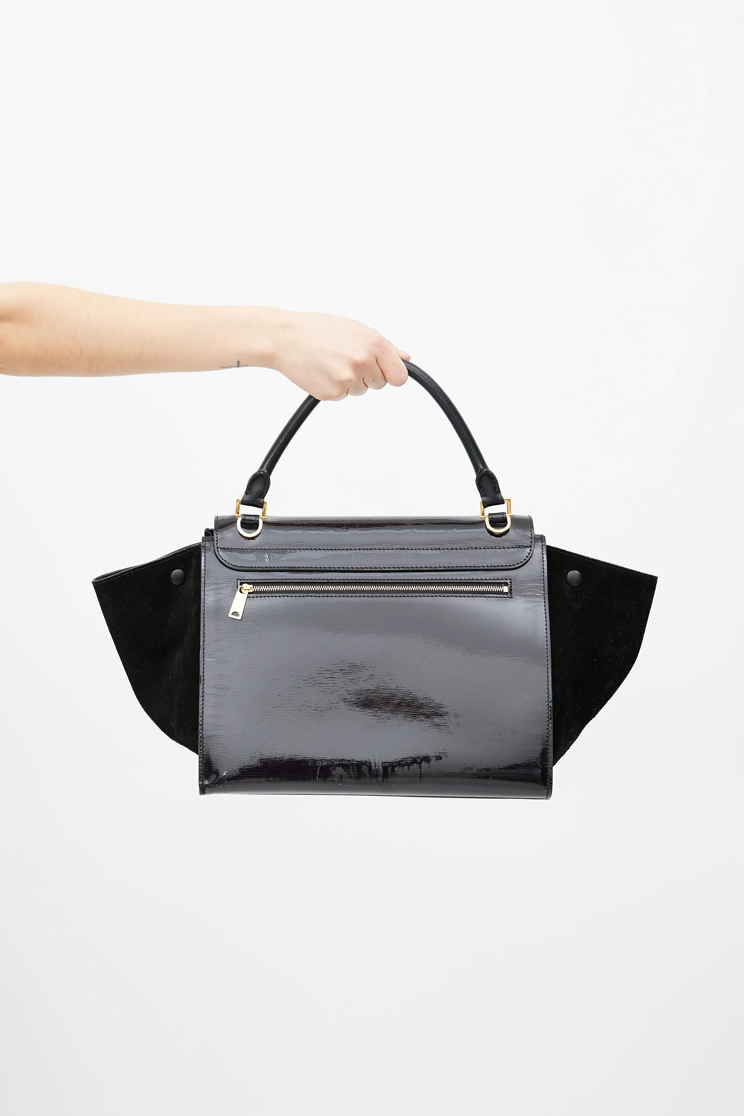Black Patent & Suede Large Trapeze Shoulder Bag