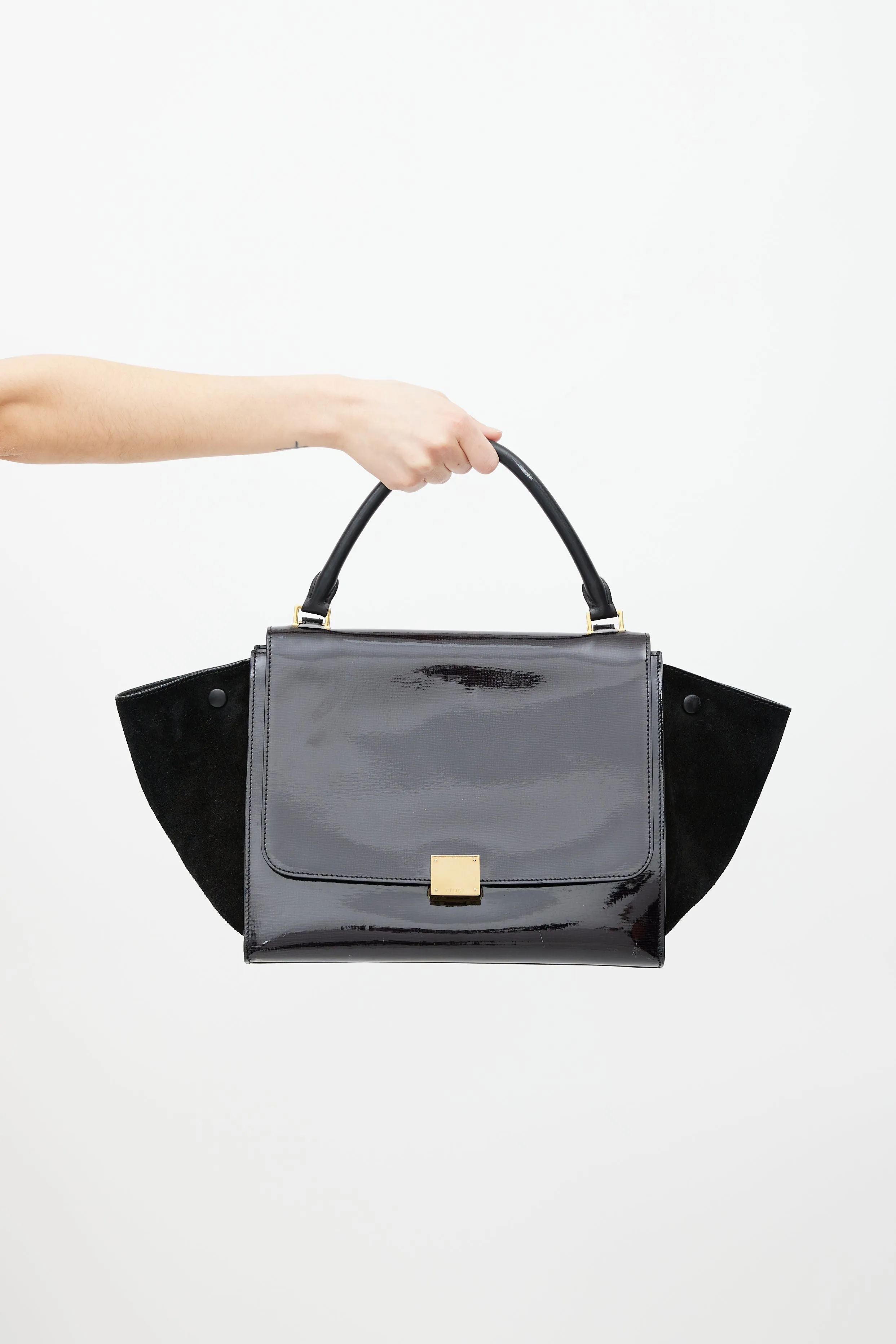 Black Patent & Suede Large Trapeze Shoulder Bag