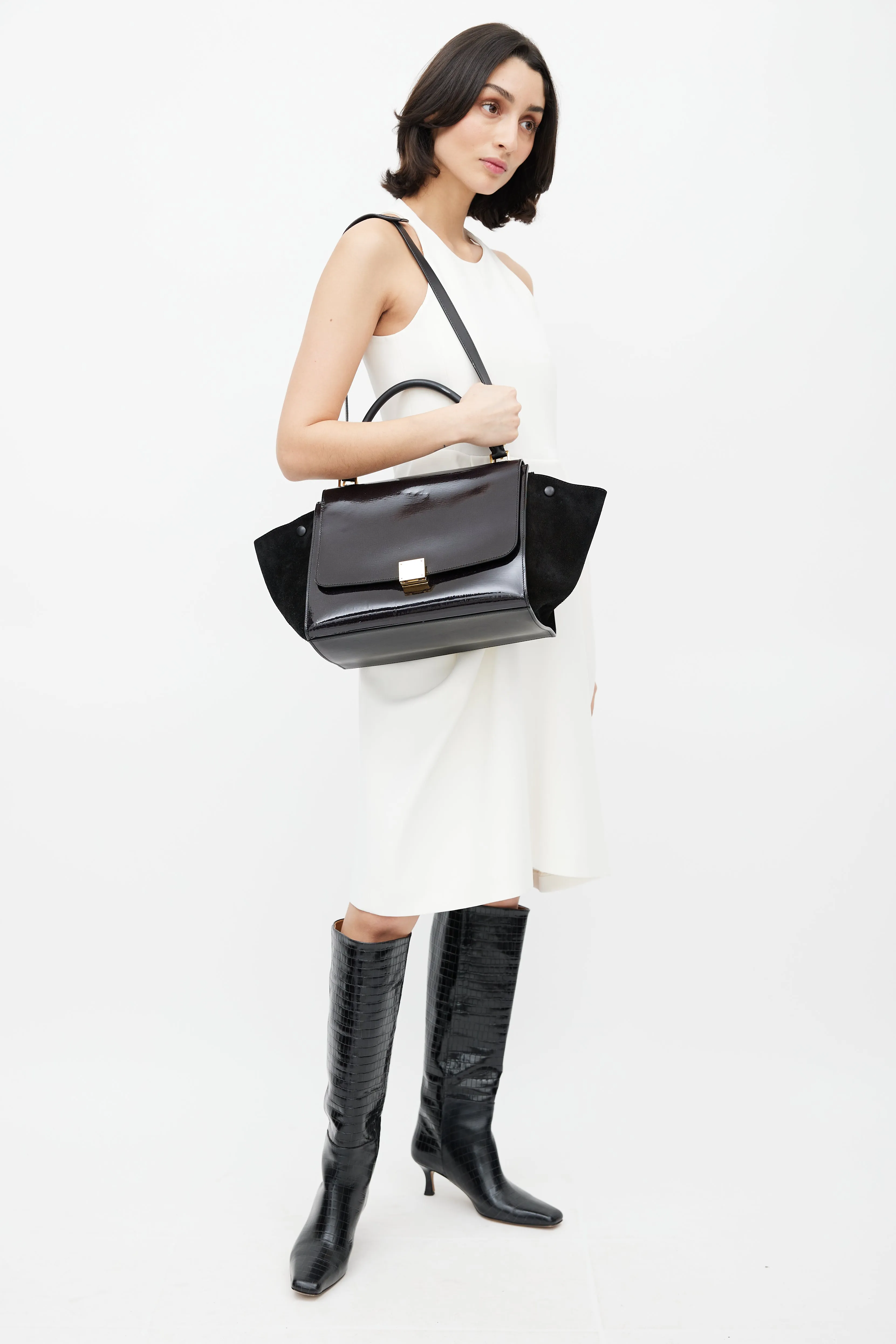 Black Patent & Suede Large Trapeze Shoulder Bag