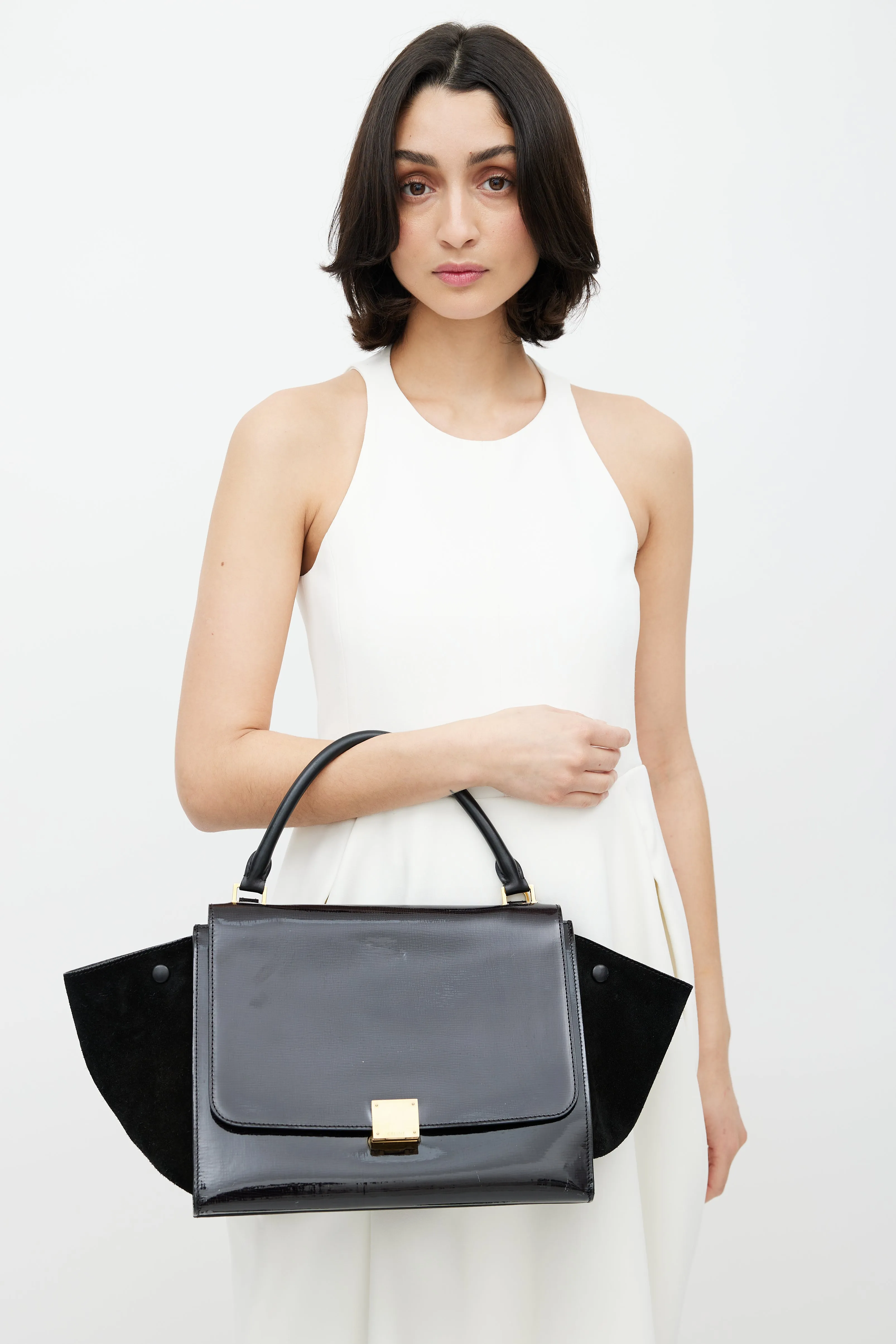 Black Patent & Suede Large Trapeze Shoulder Bag