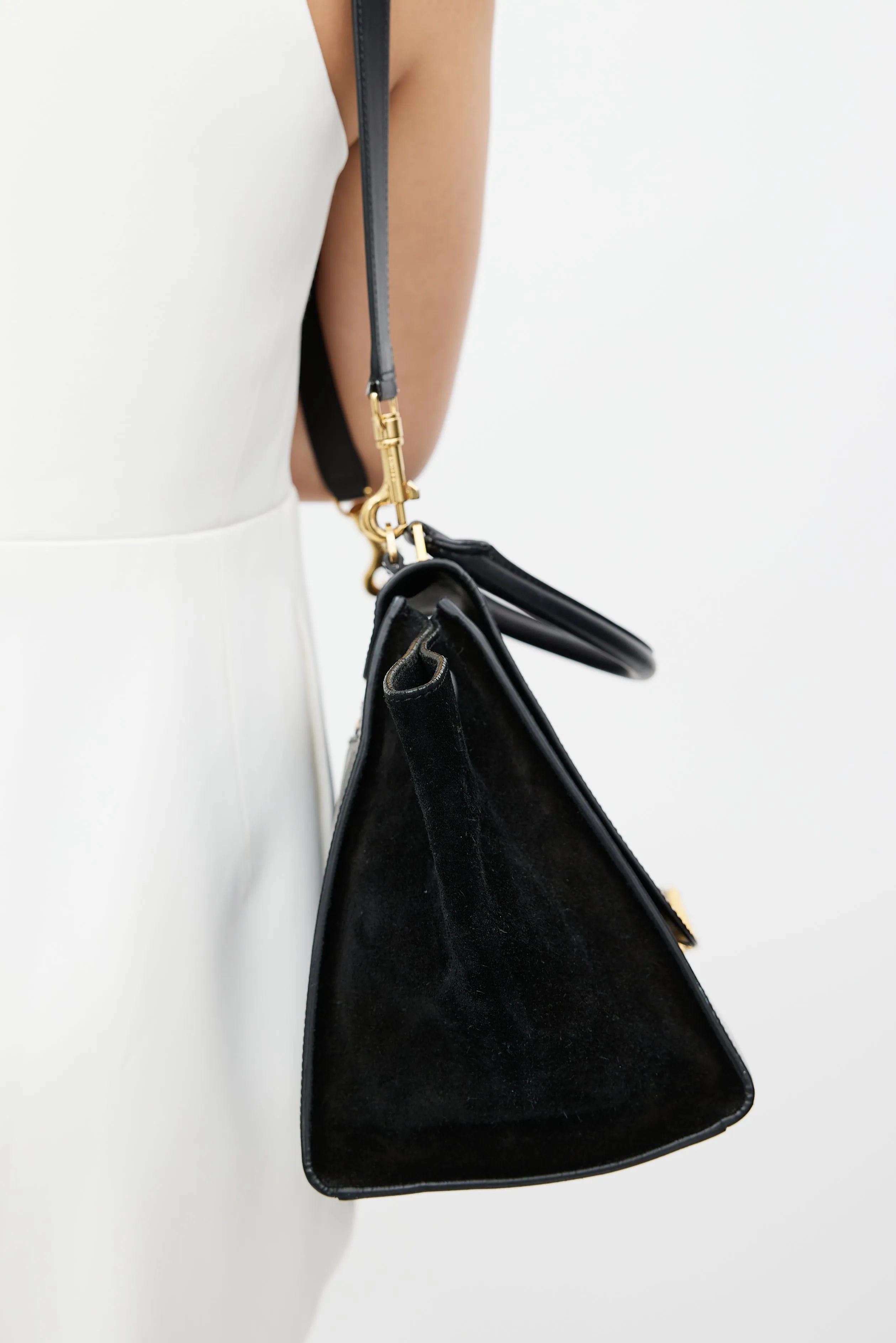 Black Patent & Suede Large Trapeze Shoulder Bag