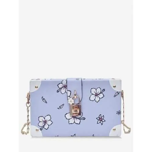 Box Shaped Flower Print Metal Chain Crossbody Bag - Blue Gray