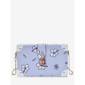 Box Shaped Flower Print Metal Chain Crossbody Bag - Blue Gray
