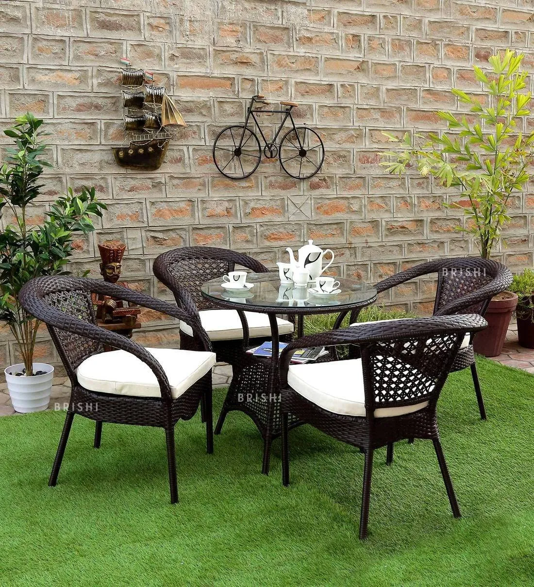 BRISHI Garden Patio Seating Chair and Table Set Outdoor Balcony Garden Coffee Table Set Furniture with 1 Table and 4 Chairs Set (Dark Brown)