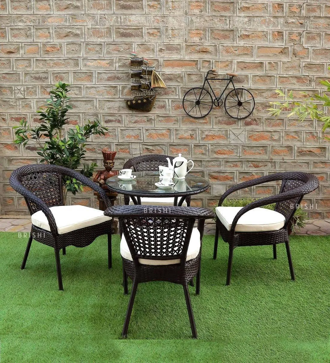 BRISHI Garden Patio Seating Chair and Table Set Outdoor Balcony Garden Coffee Table Set Furniture with 1 Table and 4 Chairs Set (Dark Brown)