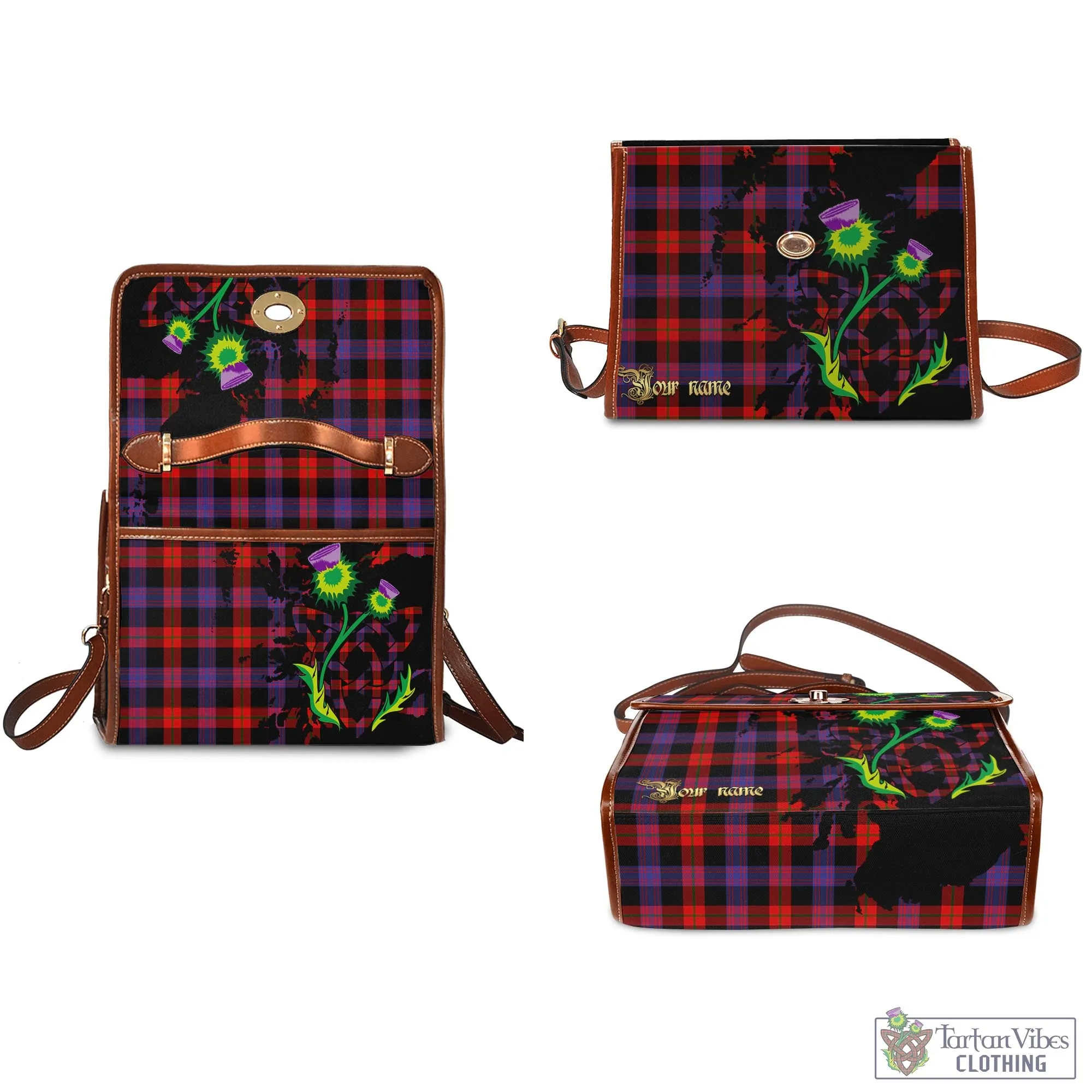 Broun Modern Tartan Waterproof Canvas Bag with Scotland Map and Thistle Celtic Accents