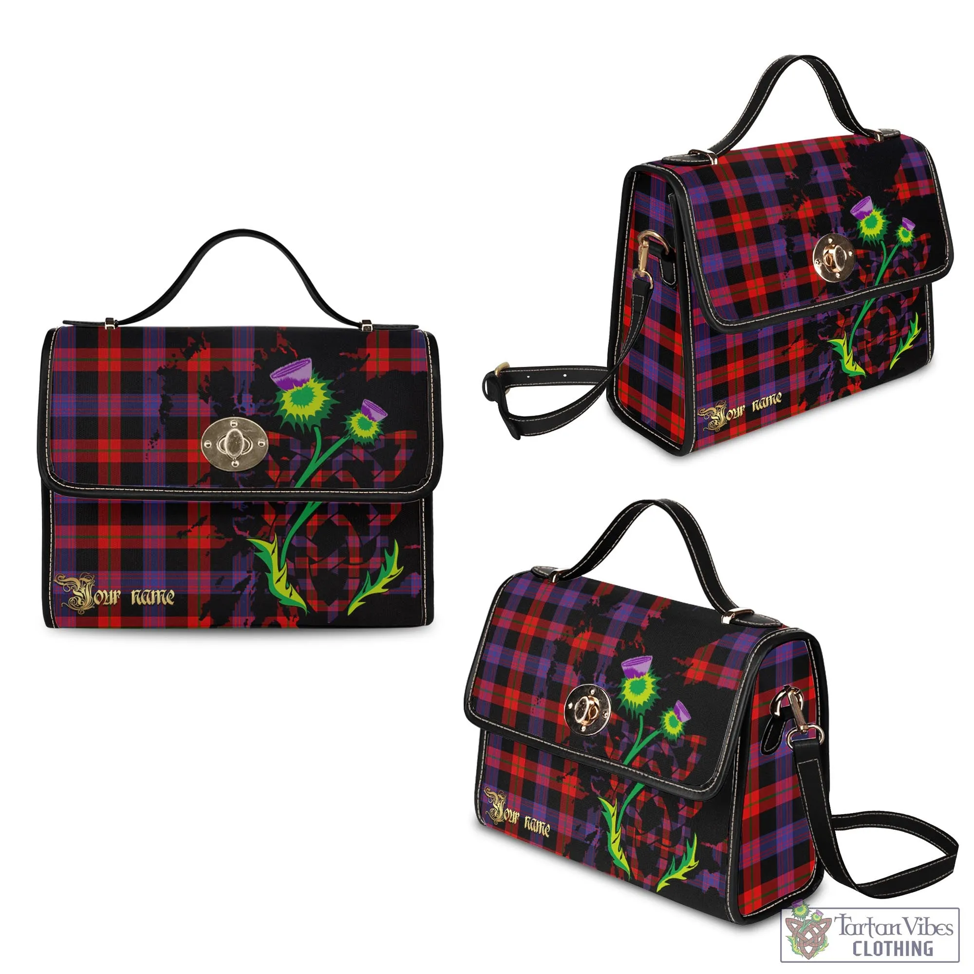 Broun Modern Tartan Waterproof Canvas Bag with Scotland Map and Thistle Celtic Accents