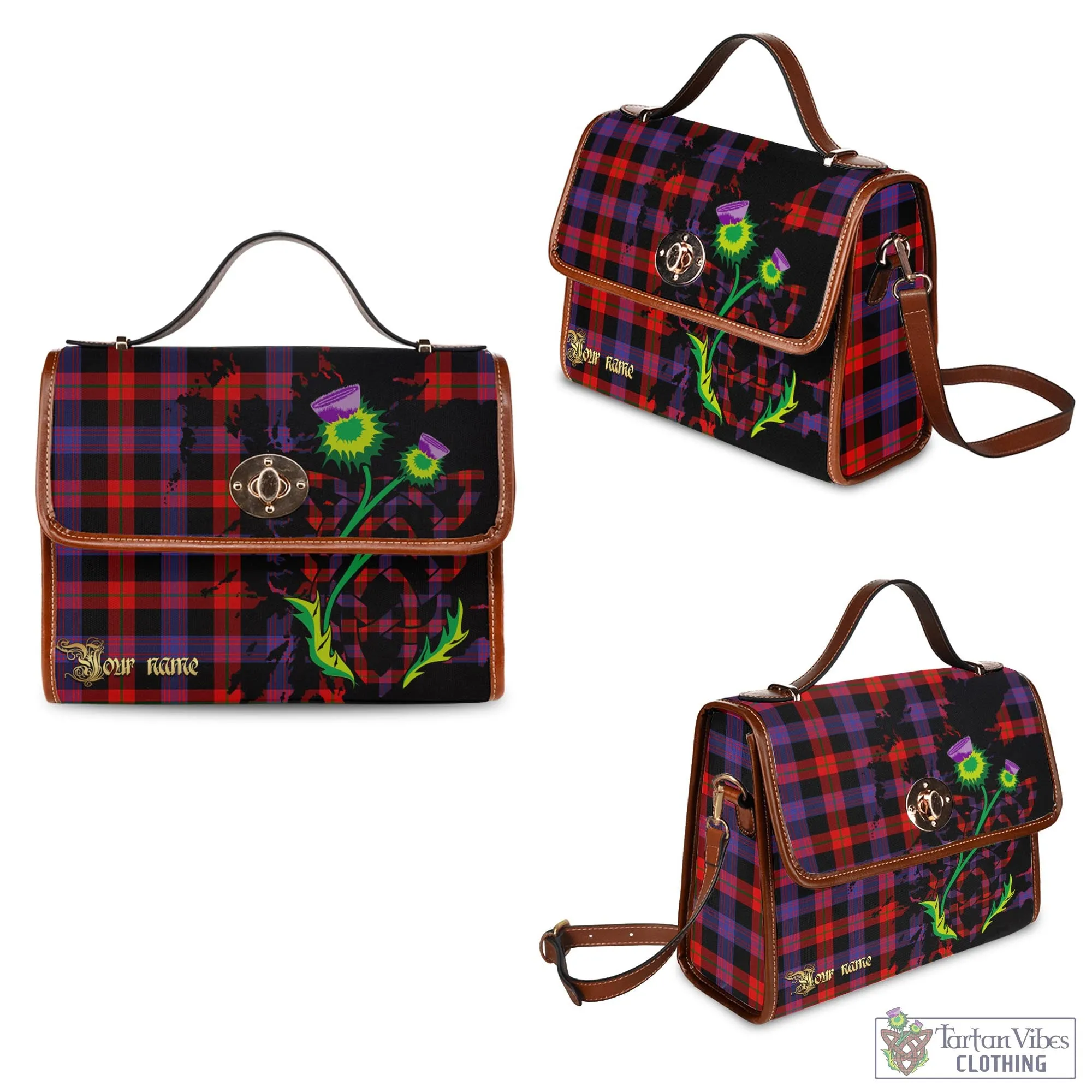 Broun Modern Tartan Waterproof Canvas Bag with Scotland Map and Thistle Celtic Accents