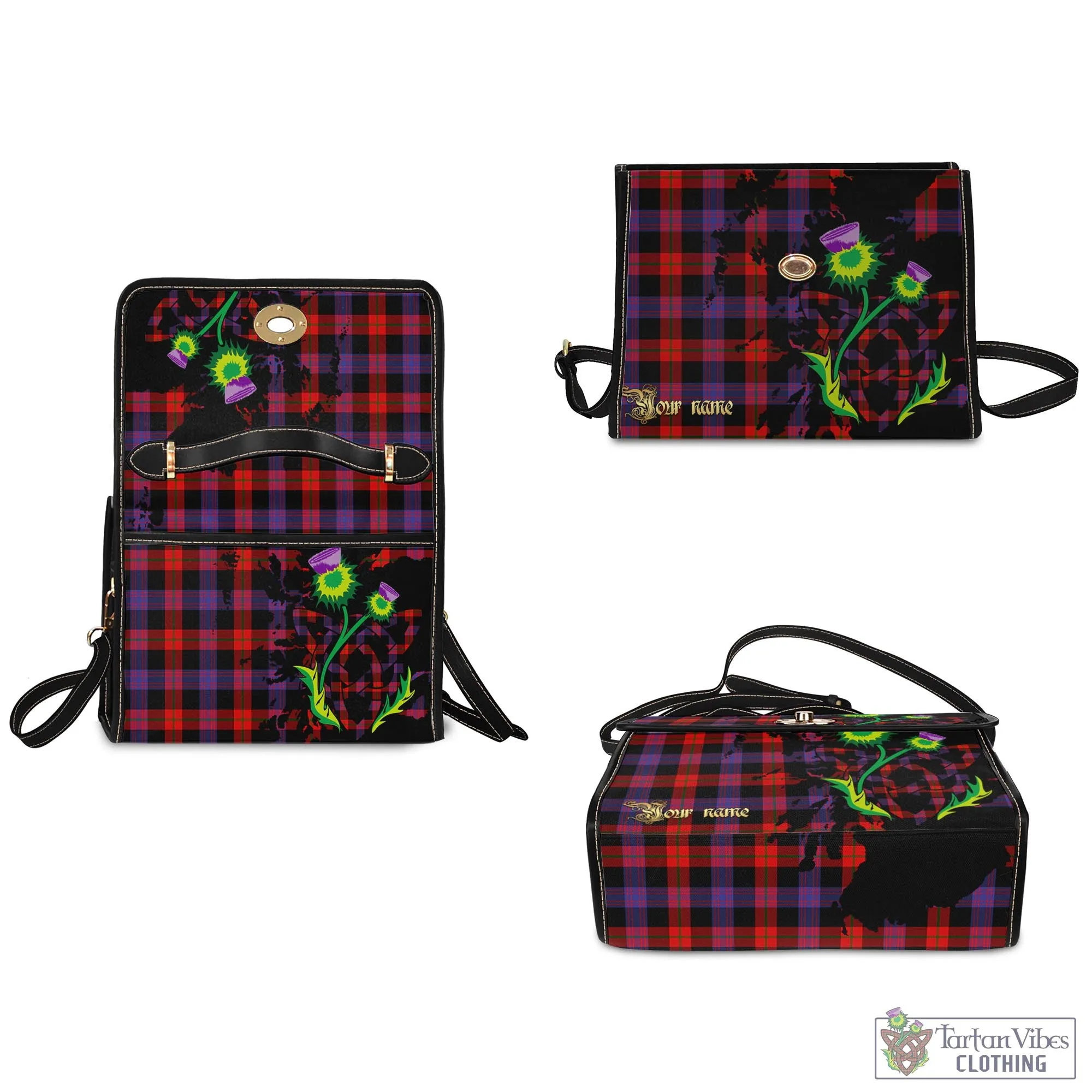 Broun Modern Tartan Waterproof Canvas Bag with Scotland Map and Thistle Celtic Accents