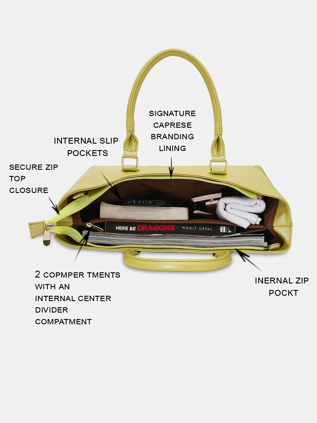 Caprese Juno Medium Satchel Metallic Faux Leather For Women Lime