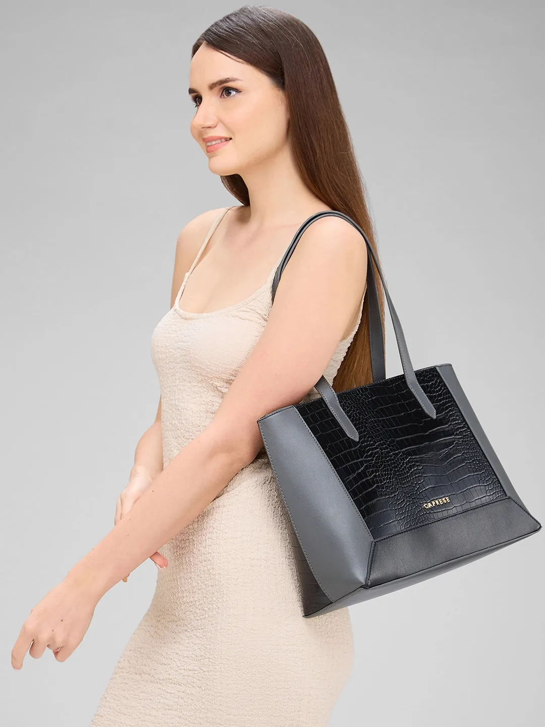 Caprese Rae Tote Medium Croco Womens Office Handbag Black