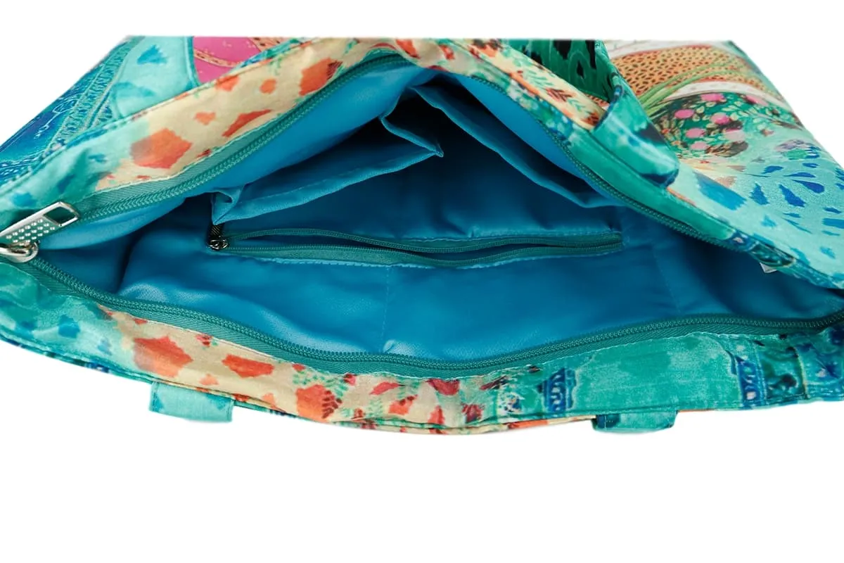 Digitally Printed Tote Fashion Shopping Hand Bag Multipurpose Waterproof Faux Silk and Polysatin Lining 16X14X4 Inch ,Ragini Ragamala And Parrot