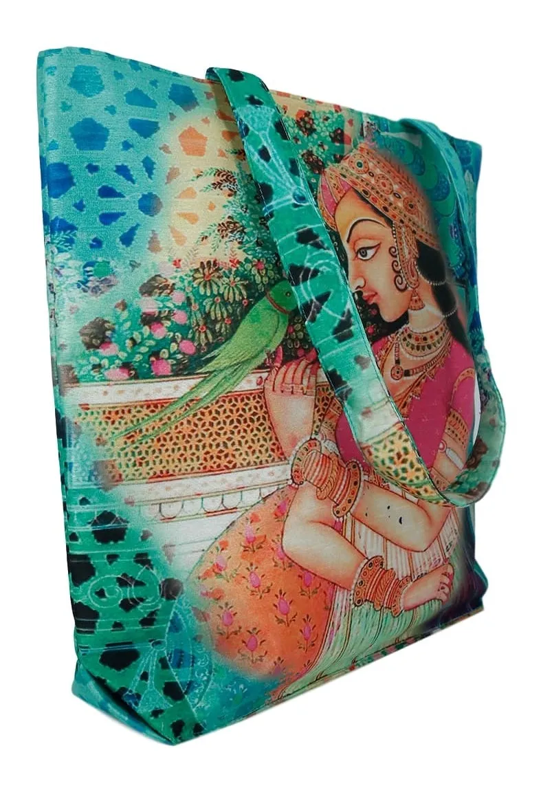 Digitally Printed Tote Fashion Shopping Hand Bag Multipurpose Waterproof Faux Silk and Polysatin Lining 16X14X4 Inch ,Ragini Ragamala And Parrot