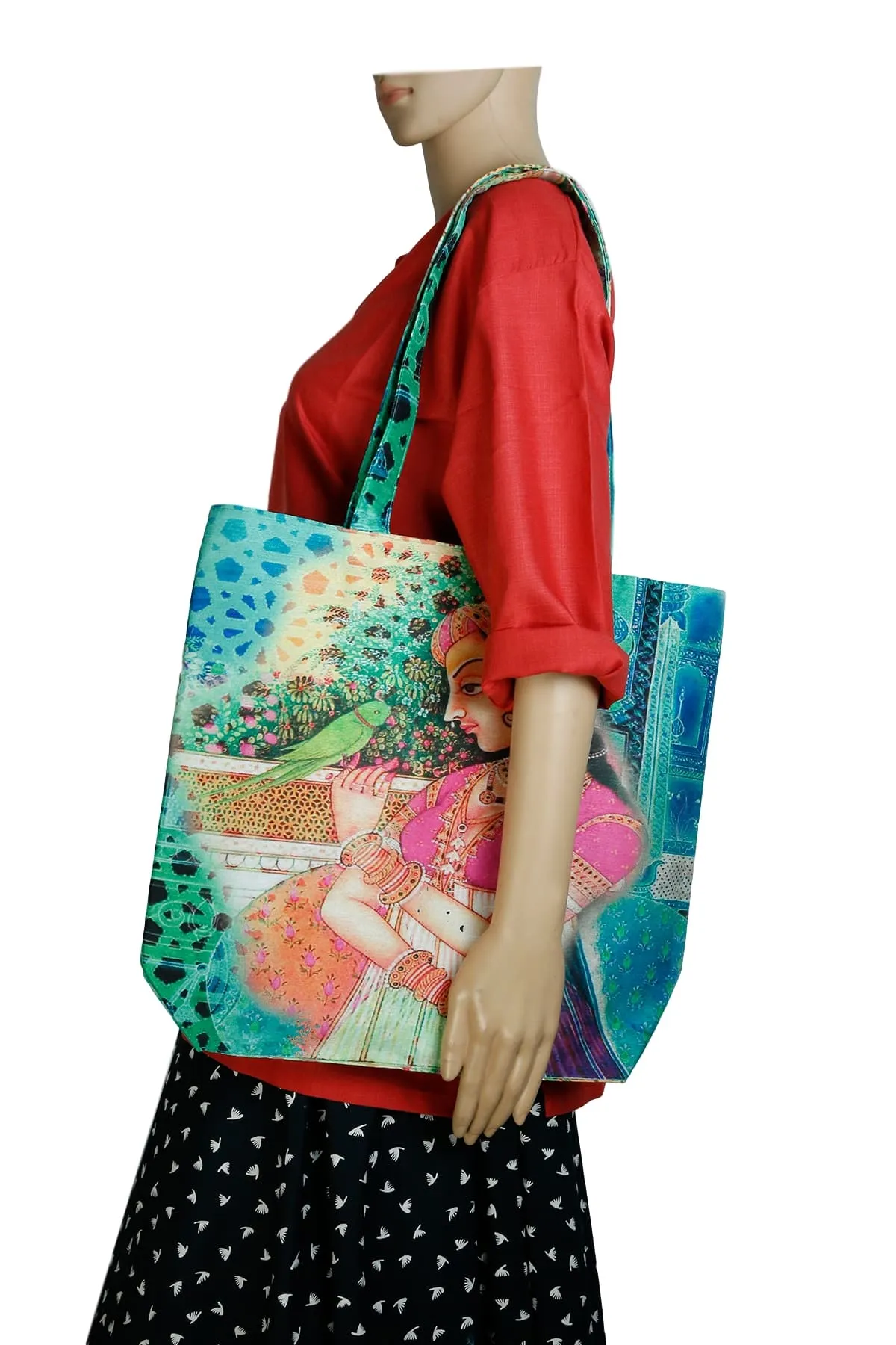 Digitally Printed Tote Fashion Shopping Hand Bag Multipurpose Waterproof Faux Silk and Polysatin Lining 16X14X4 Inch ,Ragini Ragamala And Parrot
