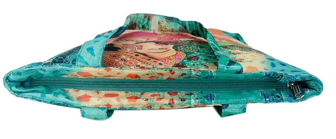 Digitally Printed Tote Fashion Shopping Hand Bag Multipurpose Waterproof Faux Silk and Polysatin Lining 16X14X4 Inch ,Ragini Ragamala And Parrot