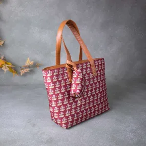 Double Zippered Tote Maroon Colour with Sandal Flower Design.