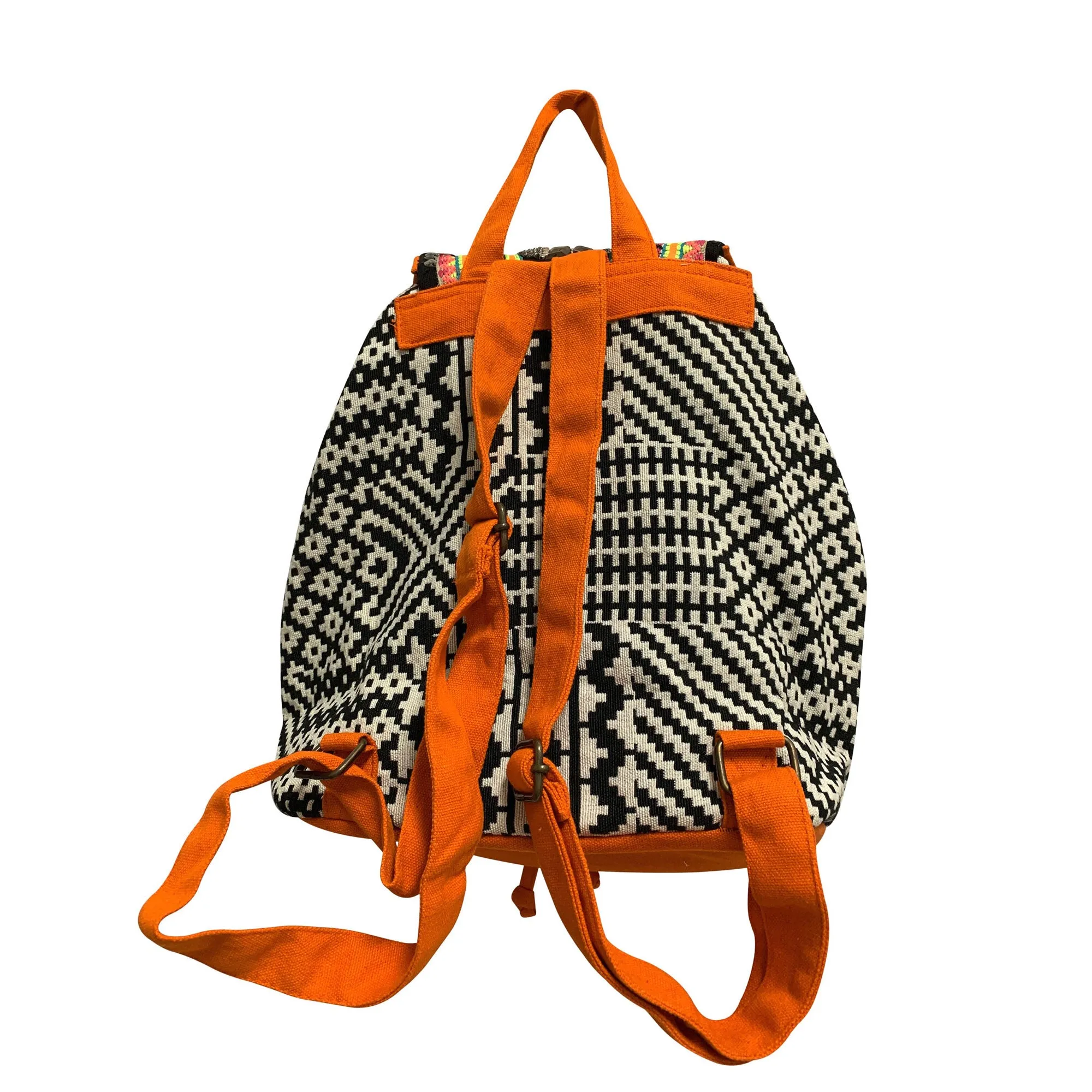 Ethnic Handwoven Boho Hippie Cotton Southwestern Style Tribal Embelished Black with Multicolor Backpack Style Bag #4