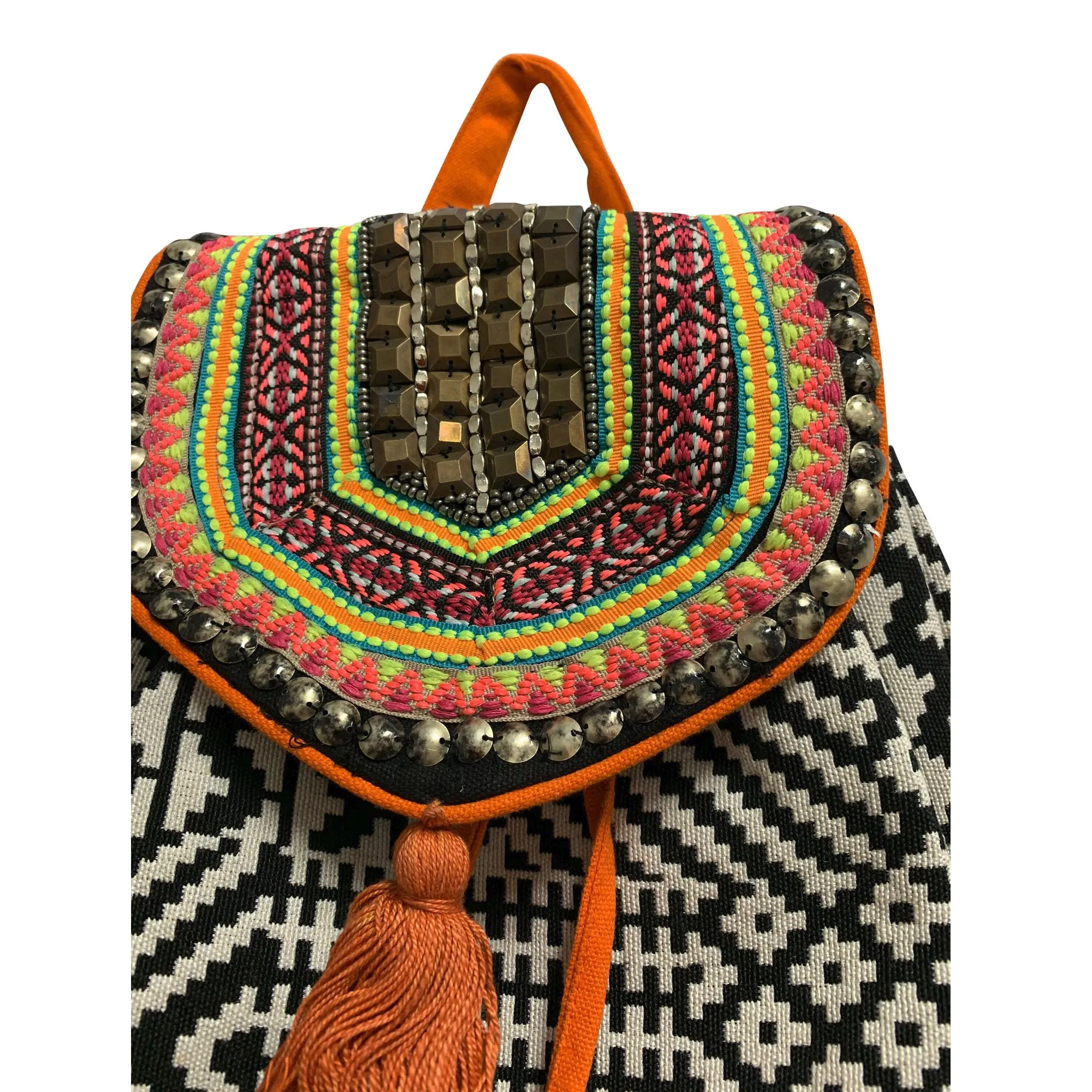 Ethnic Handwoven Boho Hippie Cotton Southwestern Style Tribal Embelished Black with Multicolor Backpack Style Bag #4