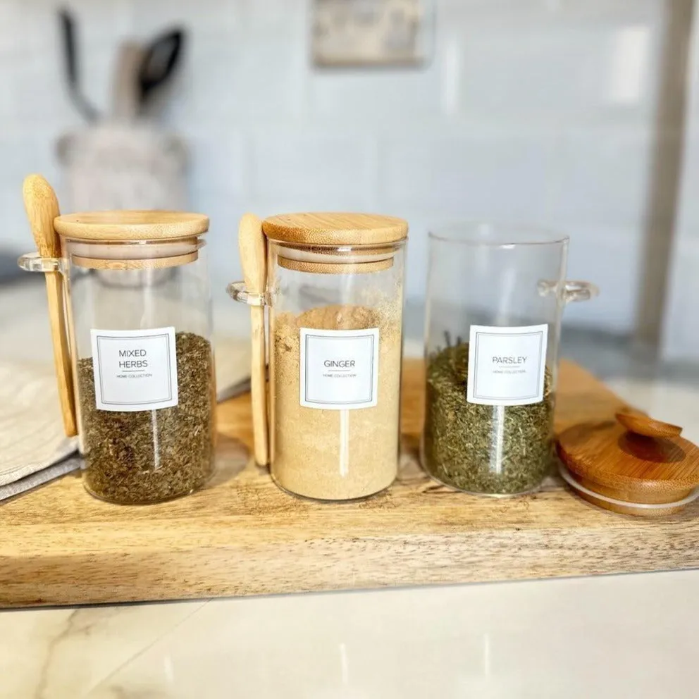Herbs and Spices Glass Jar with Bamboo Lid and Spoon with Minimal Label 0.3L