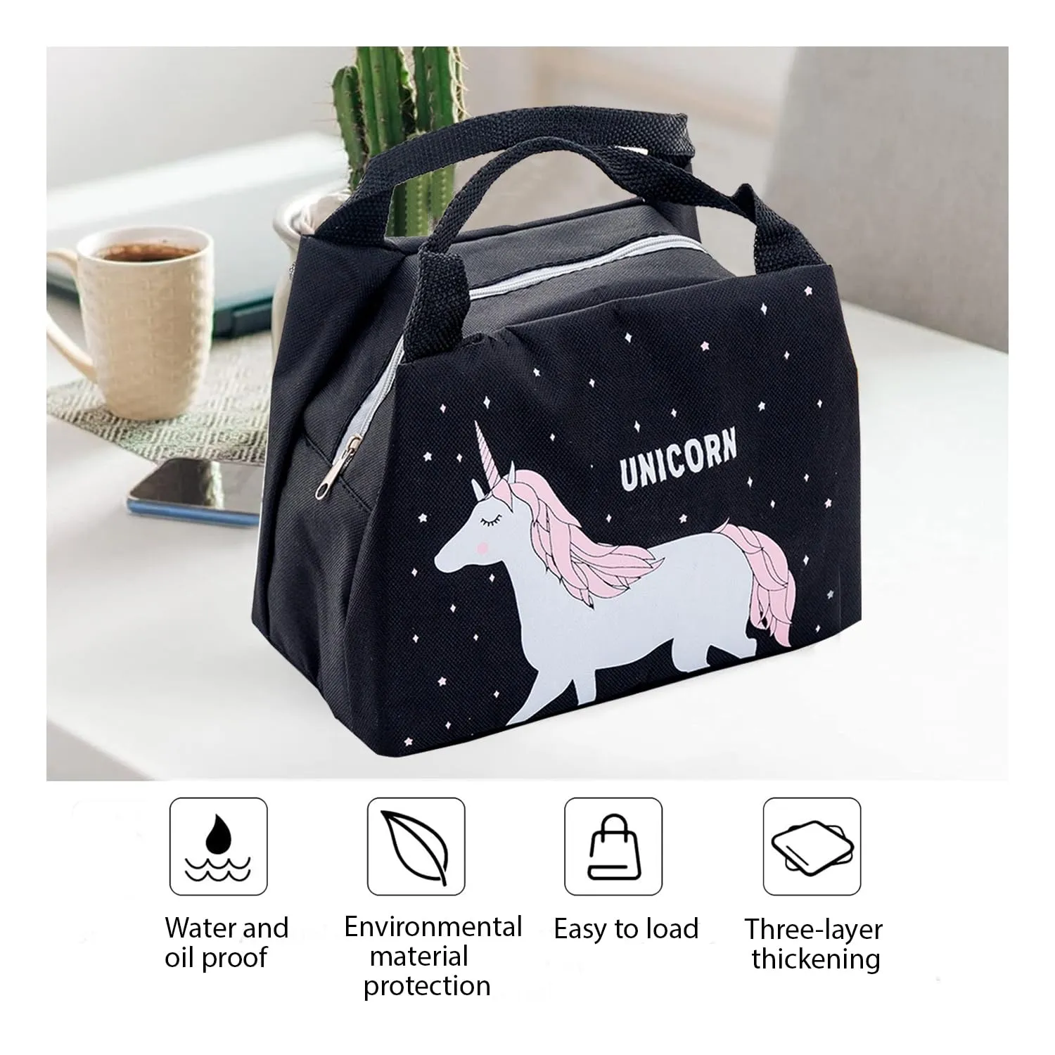 Kuber Industries Pack of 3 Lunch Bag | Lunch Bag for Office | Lunch Bag for College | Reusable Lunch Bag | Lunch Bag for Adults | Tiffin Lunch Bag with Handle | Printed | LYN04-BLK | Black