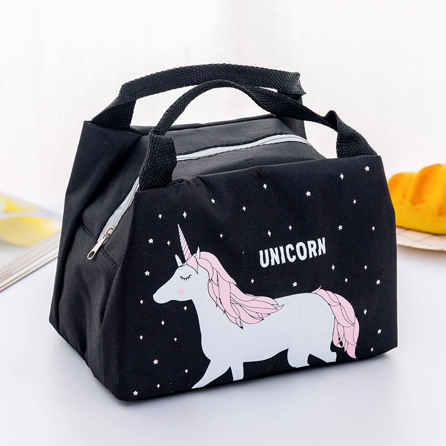 Kuber Industries Pack of 3 Lunch Bag | Lunch Bag for Office | Lunch Bag for College | Reusable Lunch Bag | Lunch Bag for Adults | Tiffin Lunch Bag with Handle | Printed | LYN04-BLK | Black