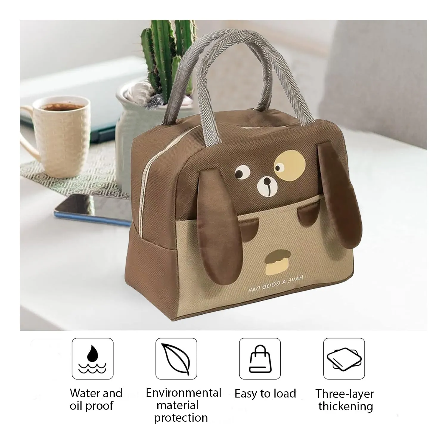 Kuber Industries Pack of 5 Lunch Bag | Lunch Bag for Office | Lunch Bag for College | Reusable Lunch Bag | Lunch Bag for Adults | Tiffin Lunch Bag with Handle | Printed | LYN05-BRN | Brown