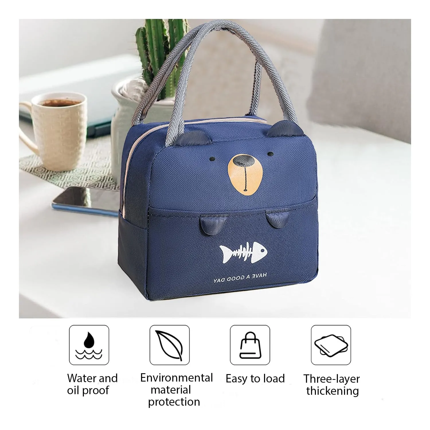 Kuber Industries Pack of 5 Lunch Bag | Lunch Bag for Office | Lunch Bag for College | Reusable Lunch Bag | Lunch Bag for Adults | Tiffin Lunch Bag with Handle | Printed | LYN05-NVY | Navy Blue