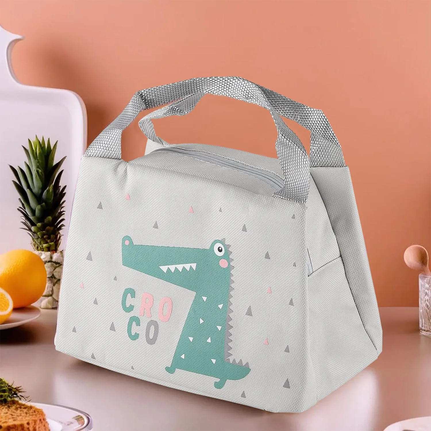 Kuber Industries Pack of 6 Lunch Bag | Lunch Bag for Office | Lunch Bag for College | Reusable Lunch Bag | Lunch Bag for Adults | Tiffin Lunch Bag with Handle | Printed | LYN04-WTE | White