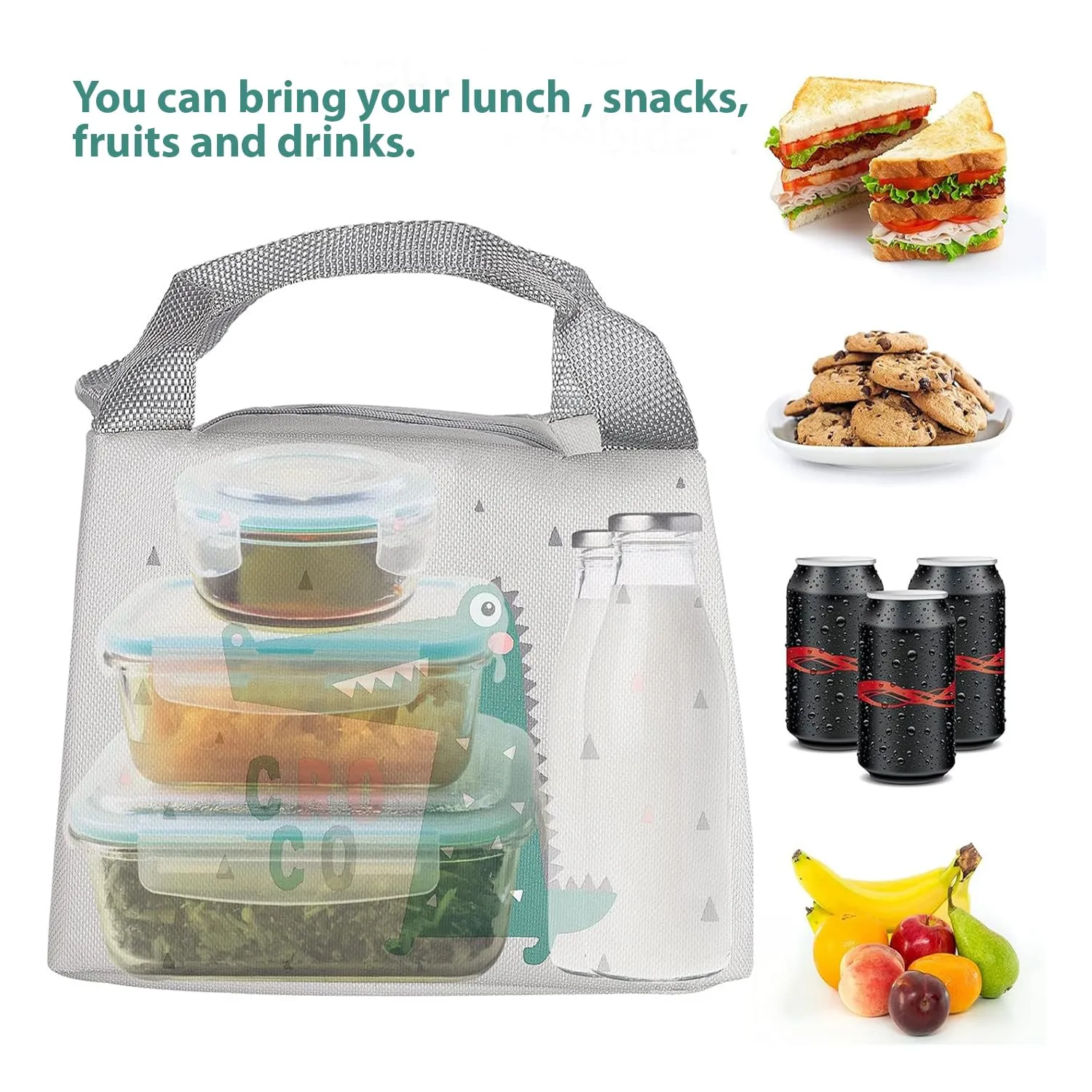 Kuber Industries Pack of 6 Lunch Bag | Lunch Bag for Office | Lunch Bag for College | Reusable Lunch Bag | Lunch Bag for Adults | Tiffin Lunch Bag with Handle | Printed | LYN04-WTE | White