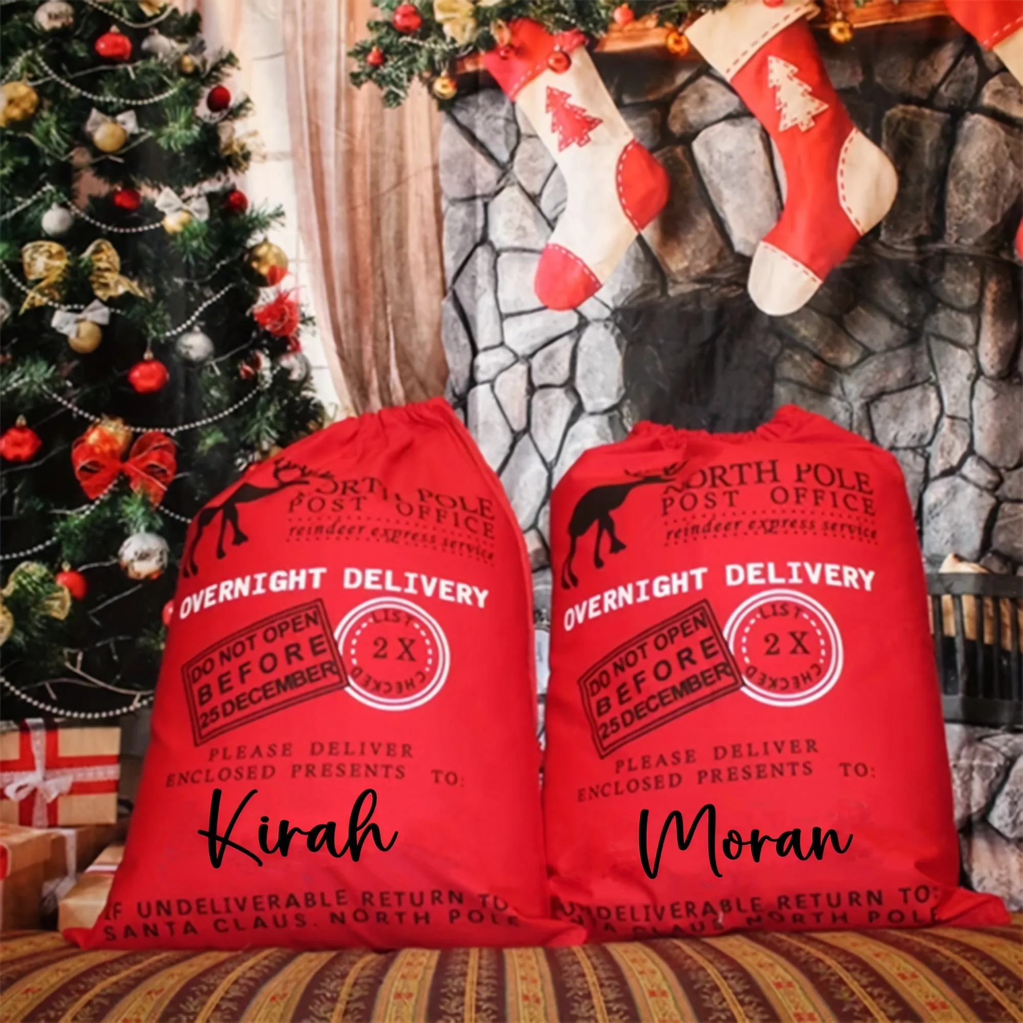 Large White Fabric Personalized Christmas Santa Sack with Alphabet Print, Foldable, Unlined, Woven Party Style Drawstring Gift Bag - Do Not Wash