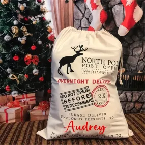 Large White Fabric Personalized Christmas Santa Sack with Alphabet Print, Foldable, Unlined, Woven Party Style Drawstring Gift Bag - Do Not Wash