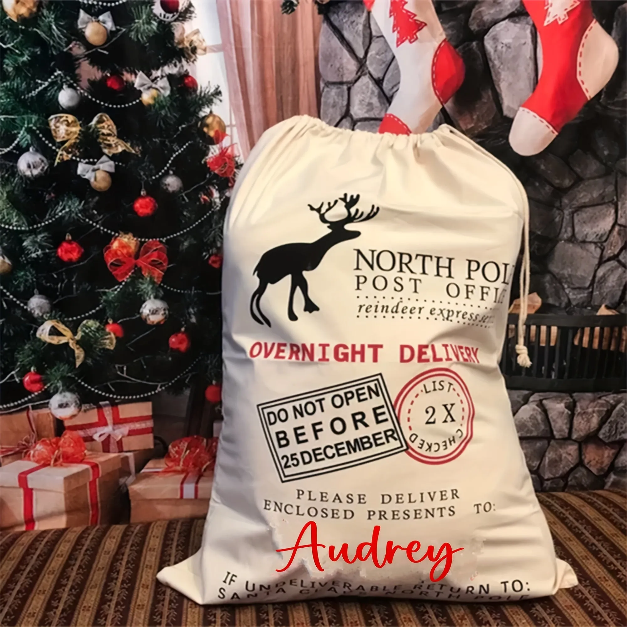 Large White Fabric Personalized Christmas Santa Sack with Alphabet Print, Foldable, Unlined, Woven Party Style Drawstring Gift Bag - Do Not Wash