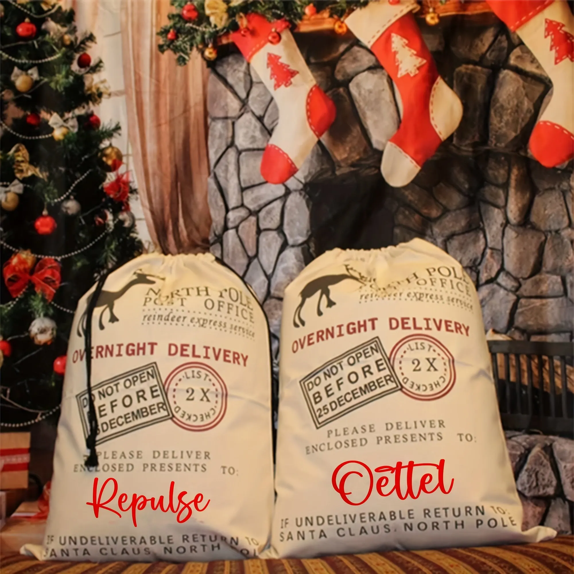 Large White Fabric Personalized Christmas Santa Sack with Alphabet Print, Foldable, Unlined, Woven Party Style Drawstring Gift Bag - Do Not Wash