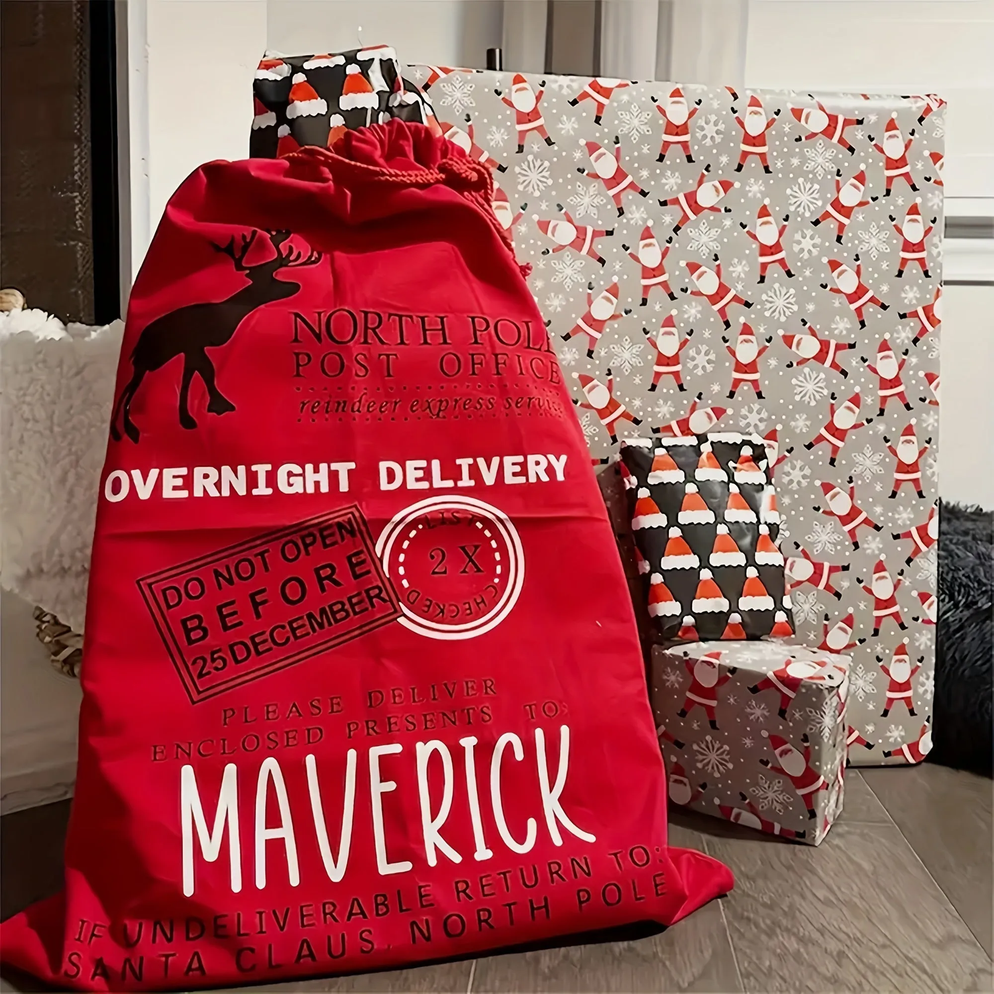 Large White Fabric Personalized Christmas Santa Sack with Alphabet Print, Foldable, Unlined, Woven Party Style Drawstring Gift Bag - Do Not Wash