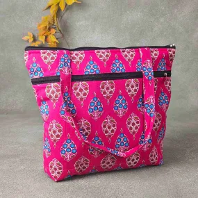 Medium Size Handbag Pink Colour with Blue and rose Prints.