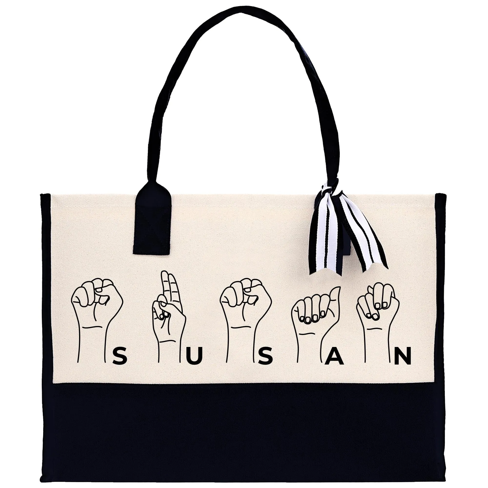 Personalized ASL Teacher Cotton Canvas Tote Bag Sign Language Custom SLP Gift Name Sign Language Gift for Deaf ASL Wildflower Bag (SLT1002)