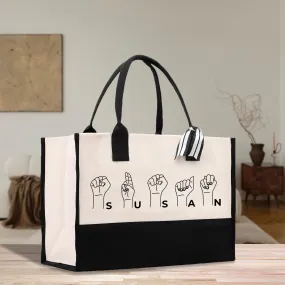 Personalized ASL Teacher Cotton Canvas Tote Bag Sign Language Custom SLP Gift Name Sign Language Gift for Deaf ASL Wildflower Bag (SLT1002)
