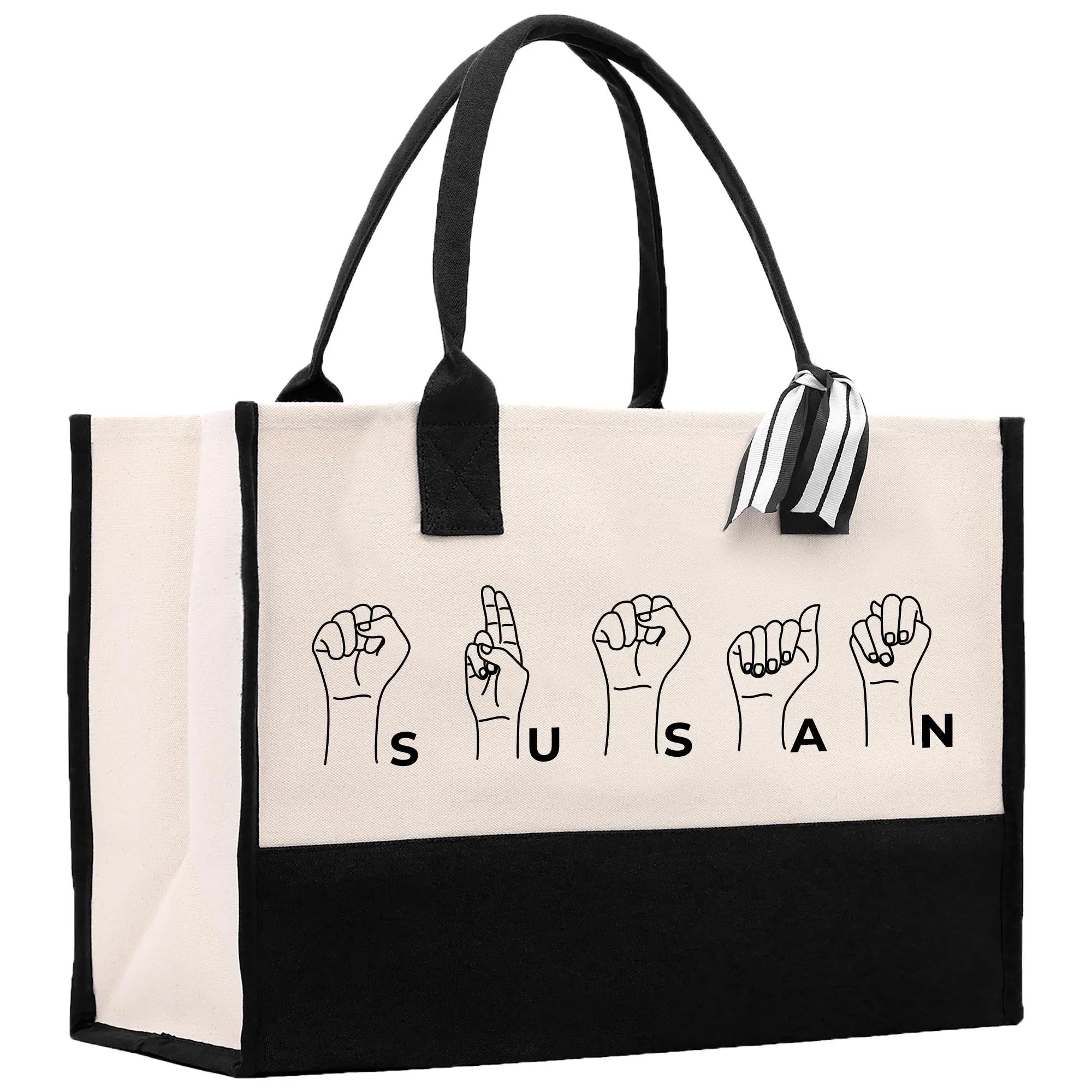 Personalized ASL Teacher Cotton Canvas Tote Bag Sign Language Custom SLP Gift Name Sign Language Gift for Deaf ASL Wildflower Bag (SLT1002)
