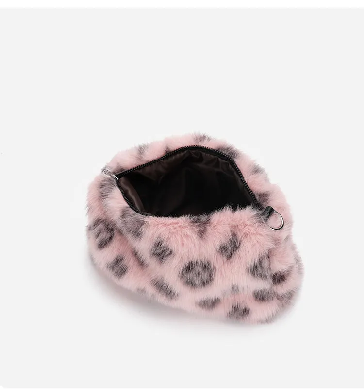 Plush Leopard Pattern Pink Brown White Shoulder Messenger Bag