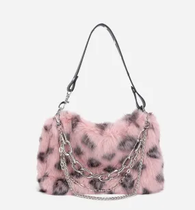 Plush Leopard Pattern Pink Brown White Shoulder Messenger Bag